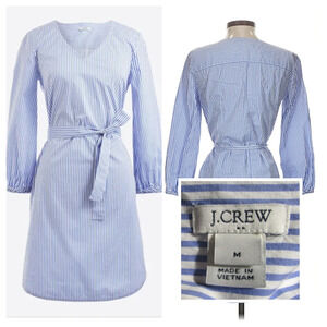 J.Crew Striped Poplin Shirt Dress M Blue White Belted L.slv. Nautical Beachy New